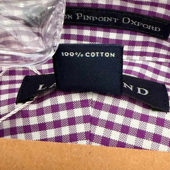 Land's End Men's No-Iron Pinpoint Oxford Dress Shirt LS Purple Check - Picture 4 of 7